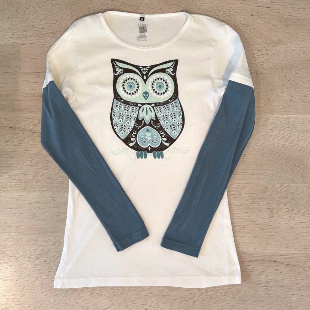 Green 3 organic cotton tee with owl print